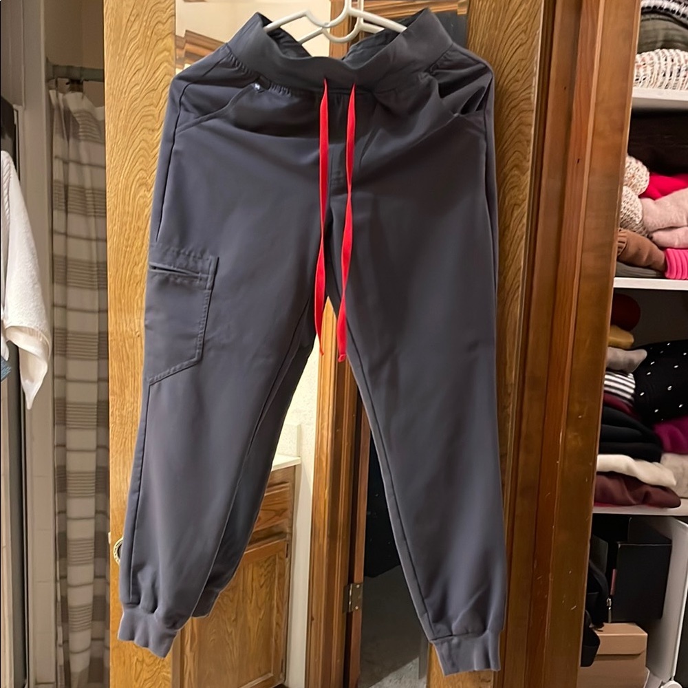 Figs Gray Track Pants with Red Drawstring